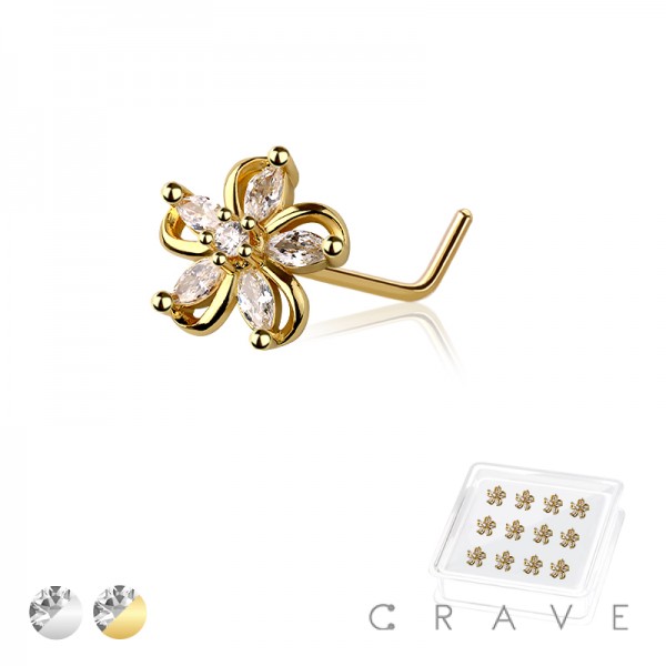 12PCS OF MULTI CZ SAKURA FLOWER 316L SURGICAL STEEL L-SHAPE NOSE BOX